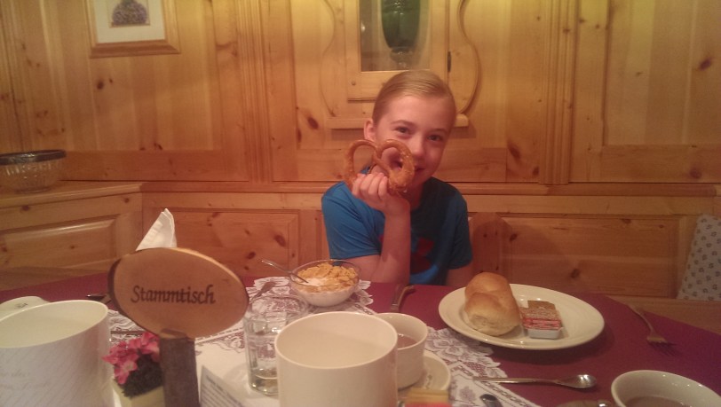 Erin, enjoying her breakfast pretzel