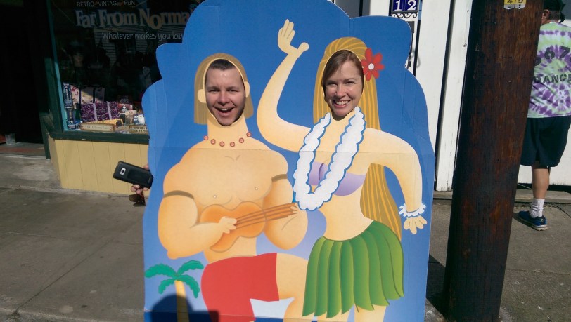 Chad and Susan as muscle man and hula girl